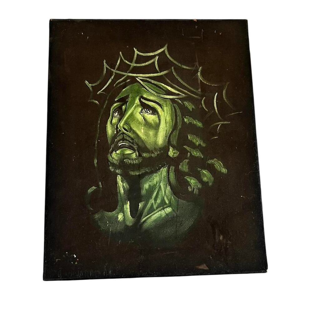 Vintage MCM Hand-Painted Green Velvet Jesus Painting - 20x16